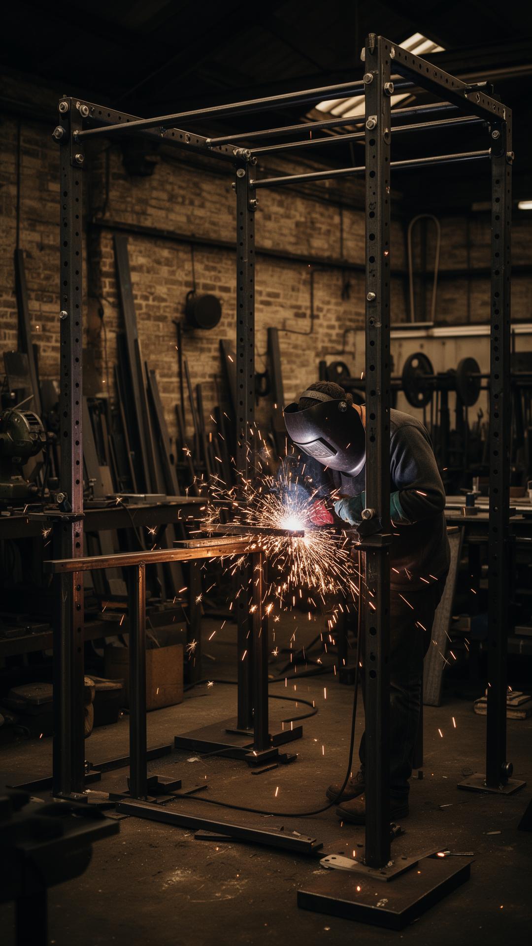 A craftsman welding a steel gym rig in IndigoFitness's UK workshop